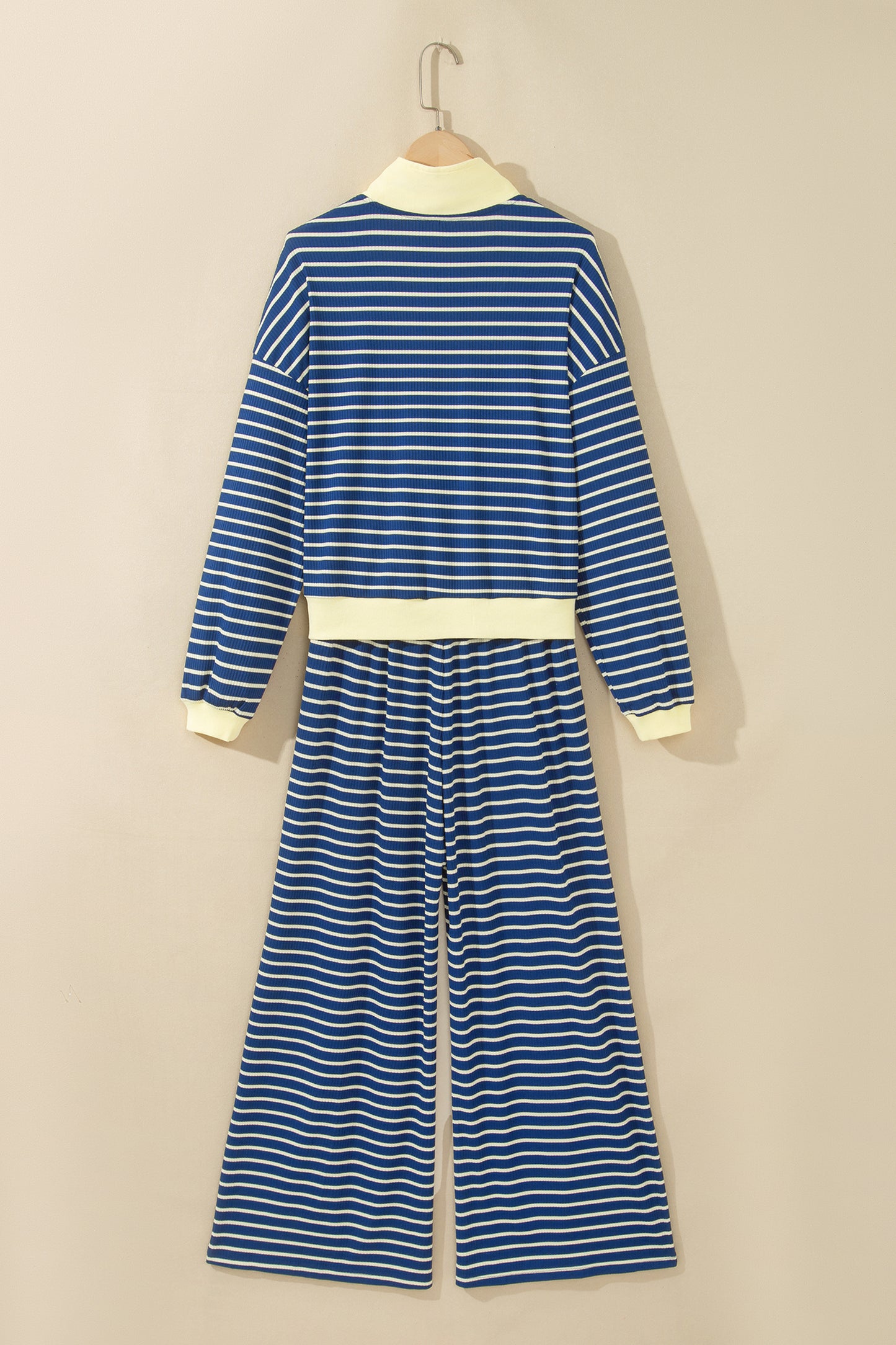 Blue Stripe Color Block Patchwork Zip V Neck Pullover Loose Pants 2pcs Set-Two Piece Sets/Pant Sets-[Adult]-[Female]-2022 Online Blue Zone Planet