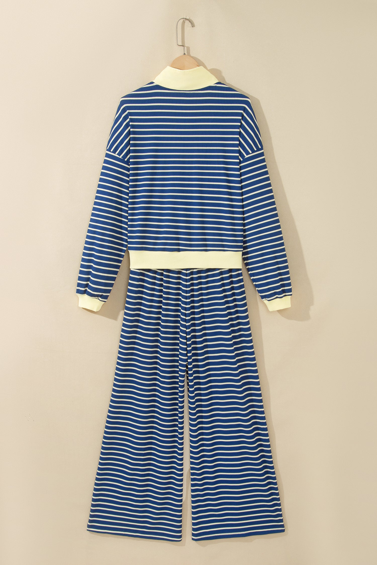 Blue Stripe Color Block Patchwork Zip V Neck Pullover Loose Pants 2pcs Set-Two Piece Sets/Pant Sets-[Adult]-[Female]-2022 Online Blue Zone Planet