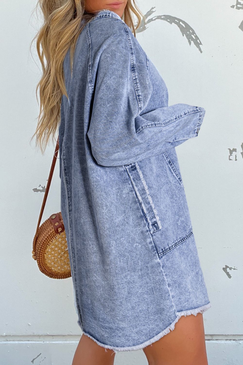 Blue Zone Planet | Raw Hem Button Down Long Sleeve Denim Dress-TOPS / DRESSES-[Adult]-[Female]-2022 Online Blue Zone Planet