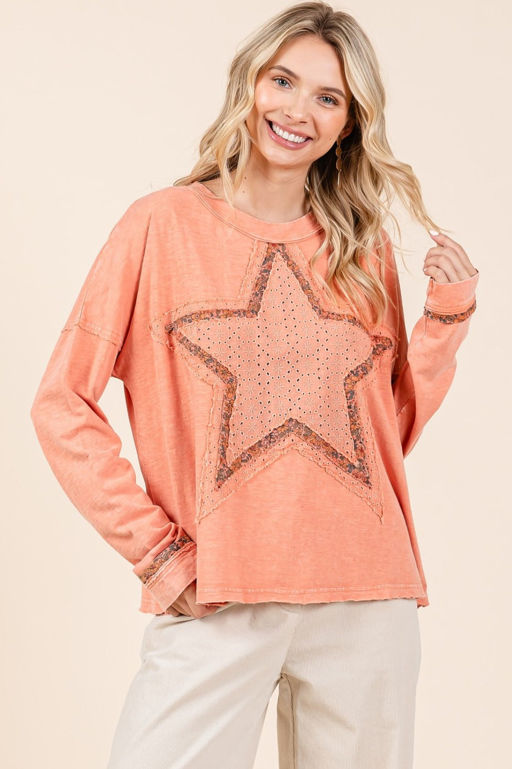 Mittoshop Mineral Wash Star Patch Long Sleeve T-Shirt-TOPS / DRESSES-[Adult]-[Female]-Coral cream-S-2022 Online Blue Zone Planet