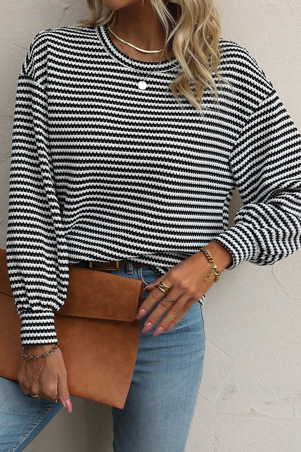 Rose Stripe Round Neck Drop Shoulder Long Sleeve Top-Tops/Long Sleeve Tops-[Adult]-[Female]-Black Stripe-S-2022 Online Blue Zone Planet