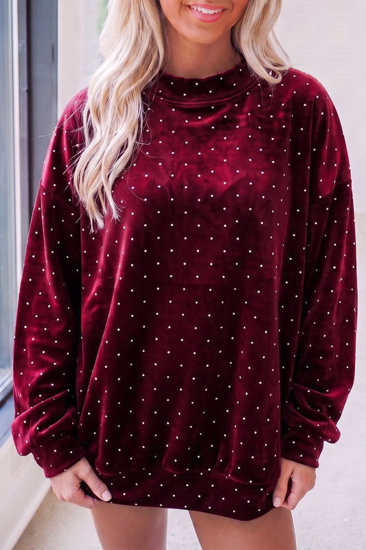 Red Velvet Polka Dot High Neck Tunic Pullover Sweatshirt-Tops/Sweatshirts & Hoodies-[Adult]-[Female]-Red-S-2022 Online Blue Zone Planet