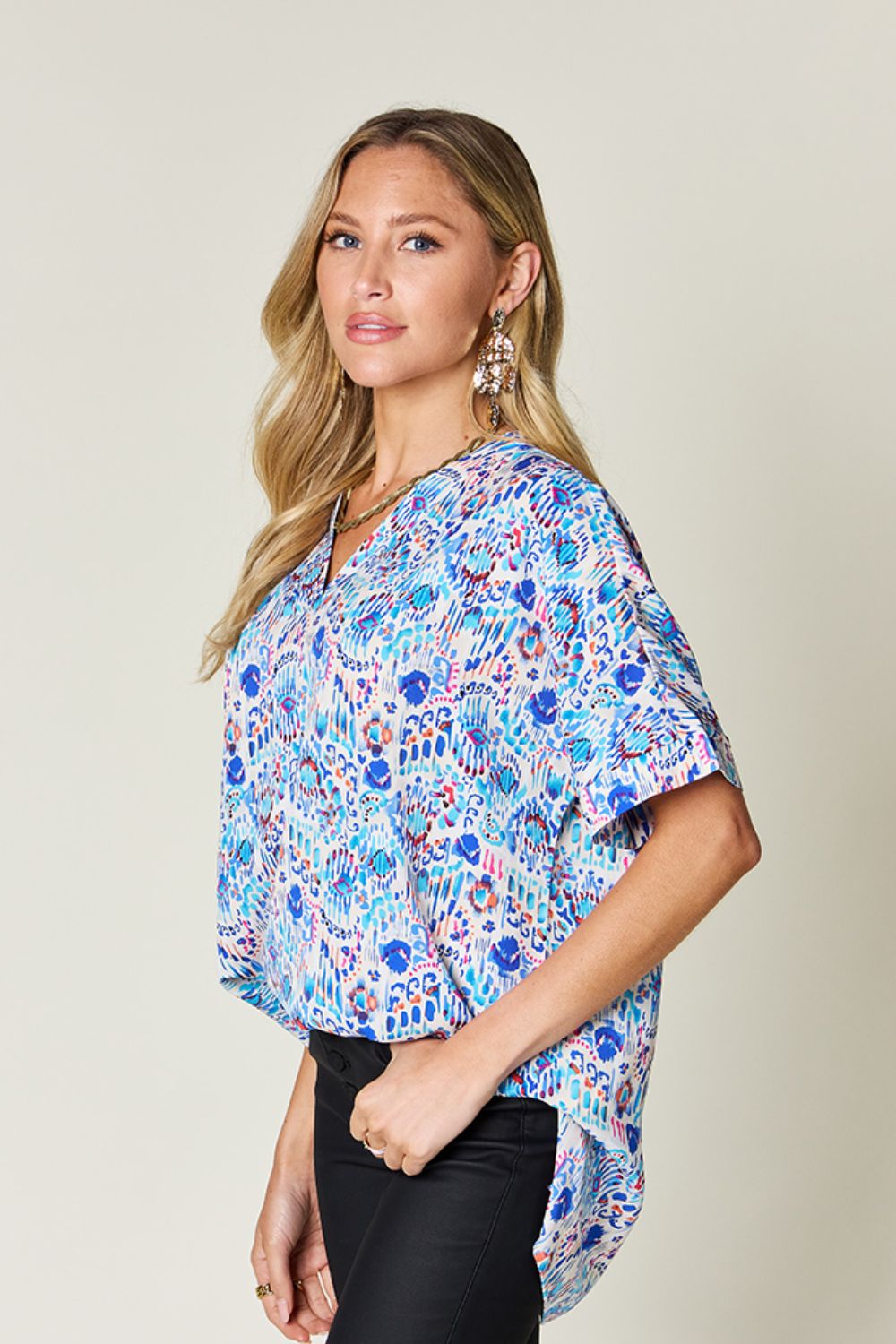 Blue Zone Planet | Double Take Full Size Printed V-Neck Short Sleeve Blouse-TOPS / DRESSES-[Adult]-[Female]-2022 Online Blue Zone Planet