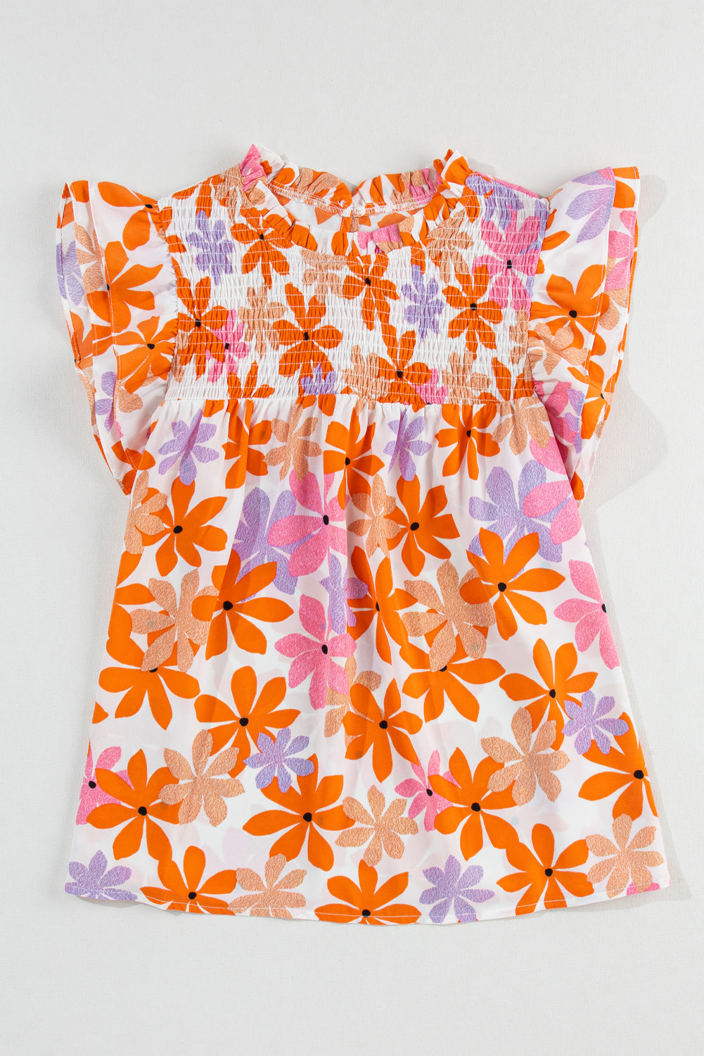 Orange Ruffled Sleeve Smocked Floral Top-Tops/Blouses & Shirts-[Adult]-[Female]-2022 Online Blue Zone Planet