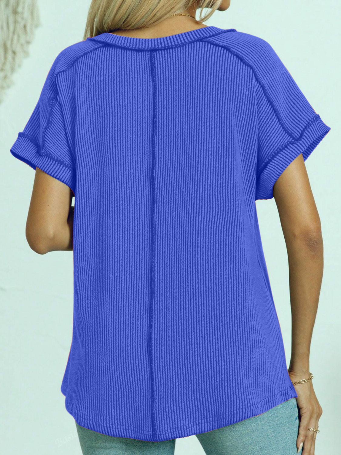 Exposed Seam V-Neck Short Sleeve Top-TOPS / DRESSES-[Adult]-[Female]-2022 Online Blue Zone Planet