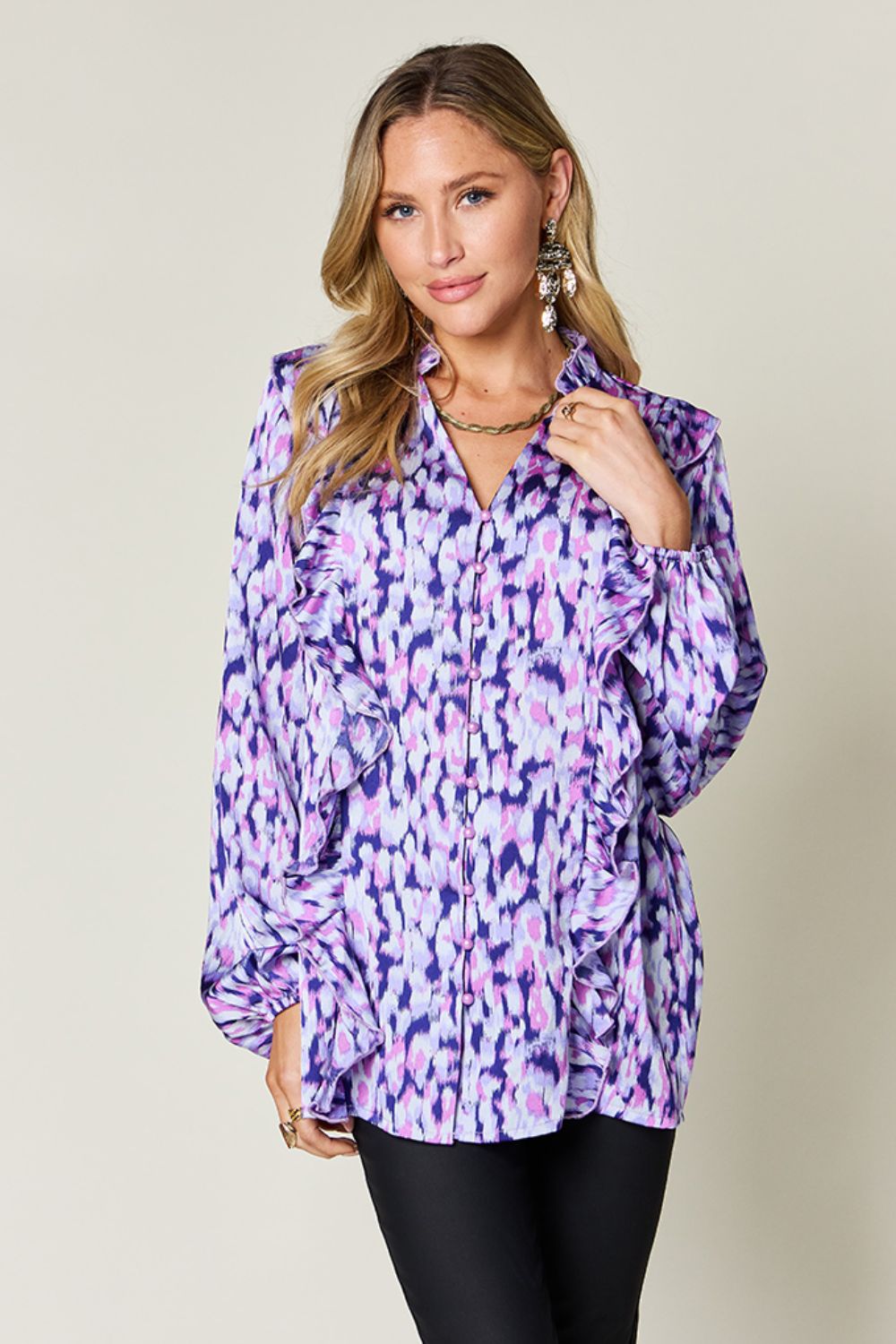 Blue Zone Planet | Double Take Full Size Printed Ruffle Trim Balloon Sleeve Shirt-TOPS / DRESSES-[Adult]-[Female]-2022 Online Blue Zone Planet