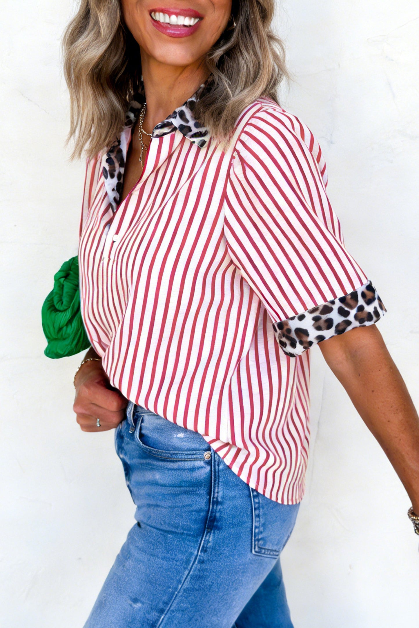 Red Stripe Leopard Contrast Trim Half Button Blouse-Tops/Blouses & Shirts-[Adult]-[Female]-2022 Online Blue Zone Planet