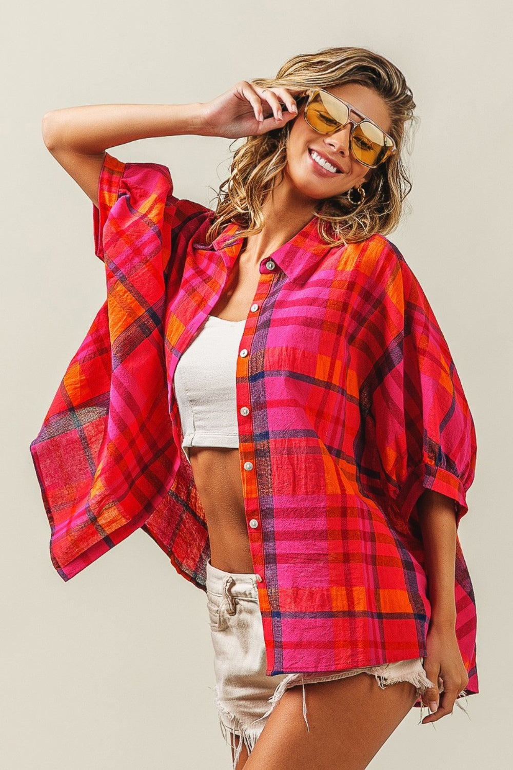 BiBi Button Up Dolman Sleeve Plaid Shirt-TOPS / DRESSES-[Adult]-[Female]-2022 Online Blue Zone Planet