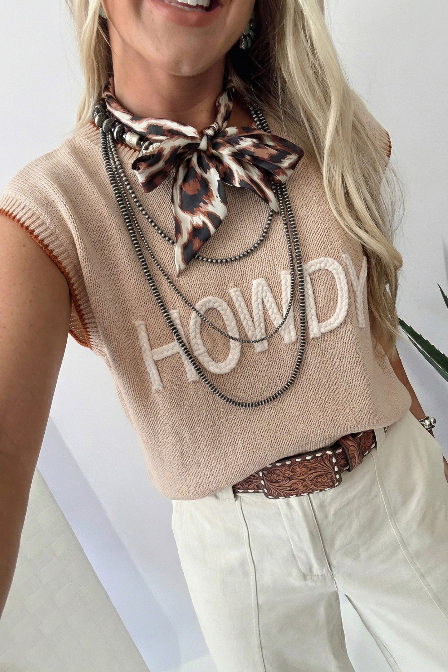 Parchment Contrast Trim Short Sleeve Knit HOWDY Western Sweater-Sweaters & Cardigans/Short Sleeve Sweaters-[Adult]-[Female]-Parchment-S-2022 Online Blue Zone Planet