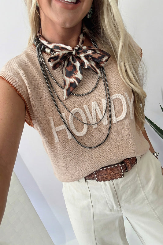 Parchment Contrast Trim Short Sleeve Knit HOWDY Western Sweater-Sweaters & Cardigans/Short Sleeve Sweaters-[Adult]-[Female]-Parchment-S-2022 Online Blue Zone Planet