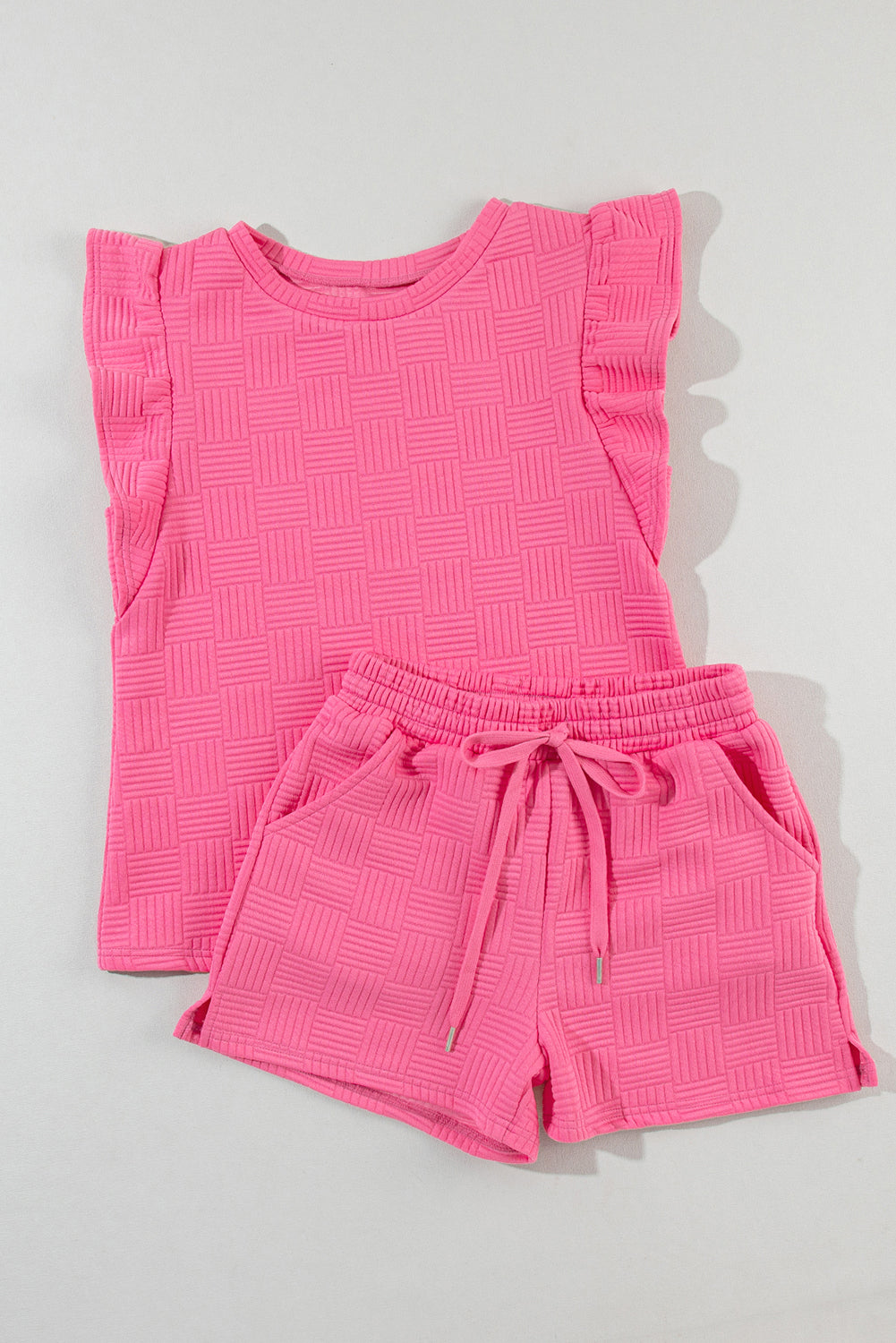 Bonbon Textured Ruffled Sleeve Tee and Drawstring Elastic Waistband Shorts Set-Two Piece Sets/Short Sets-[Adult]-[Female]-2022 Online Blue Zone Planet