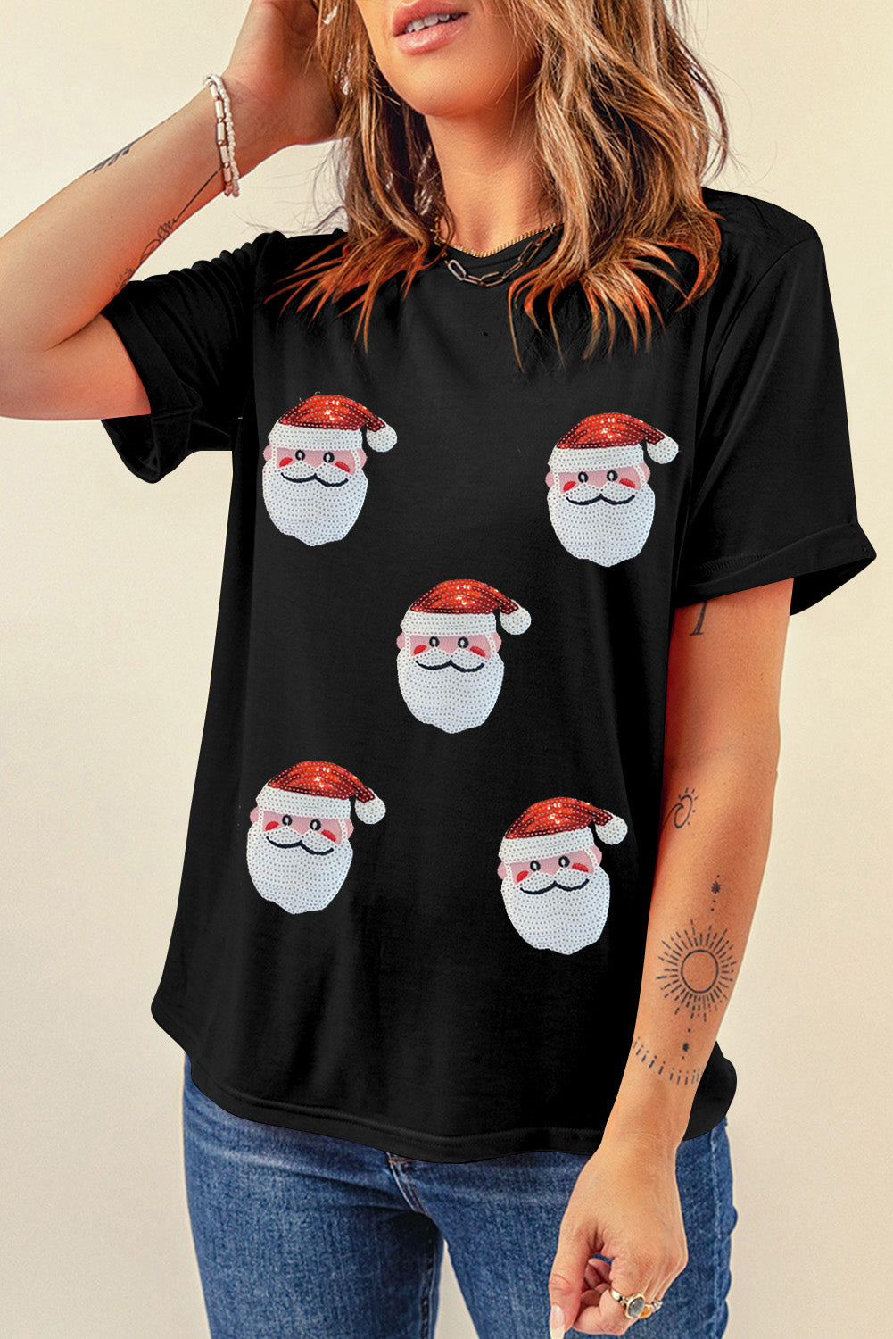 Black Faux Sequin Christmas Claus Pattern Crewneck T Shirt-Graphic/Graphic Tees-[Adult]-[Female]-2022 Online Blue Zone Planet