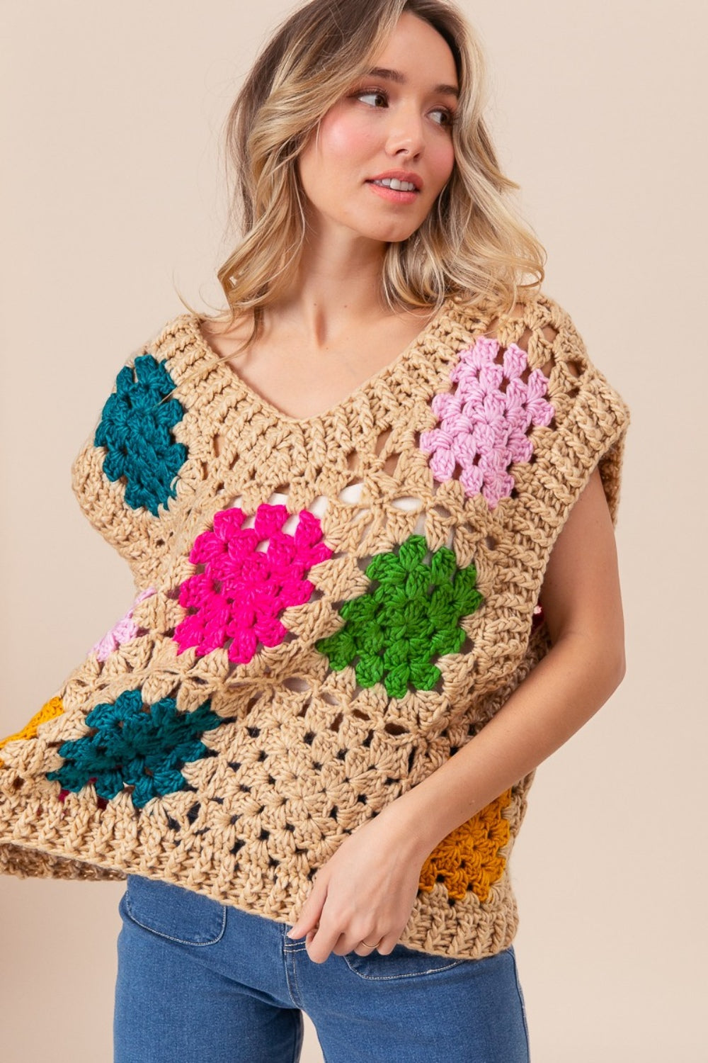 BiBi Granny Square Openwork Sweater Vest-TOPS / DRESSES-[Adult]-[Female]-2022 Online Blue Zone Planet