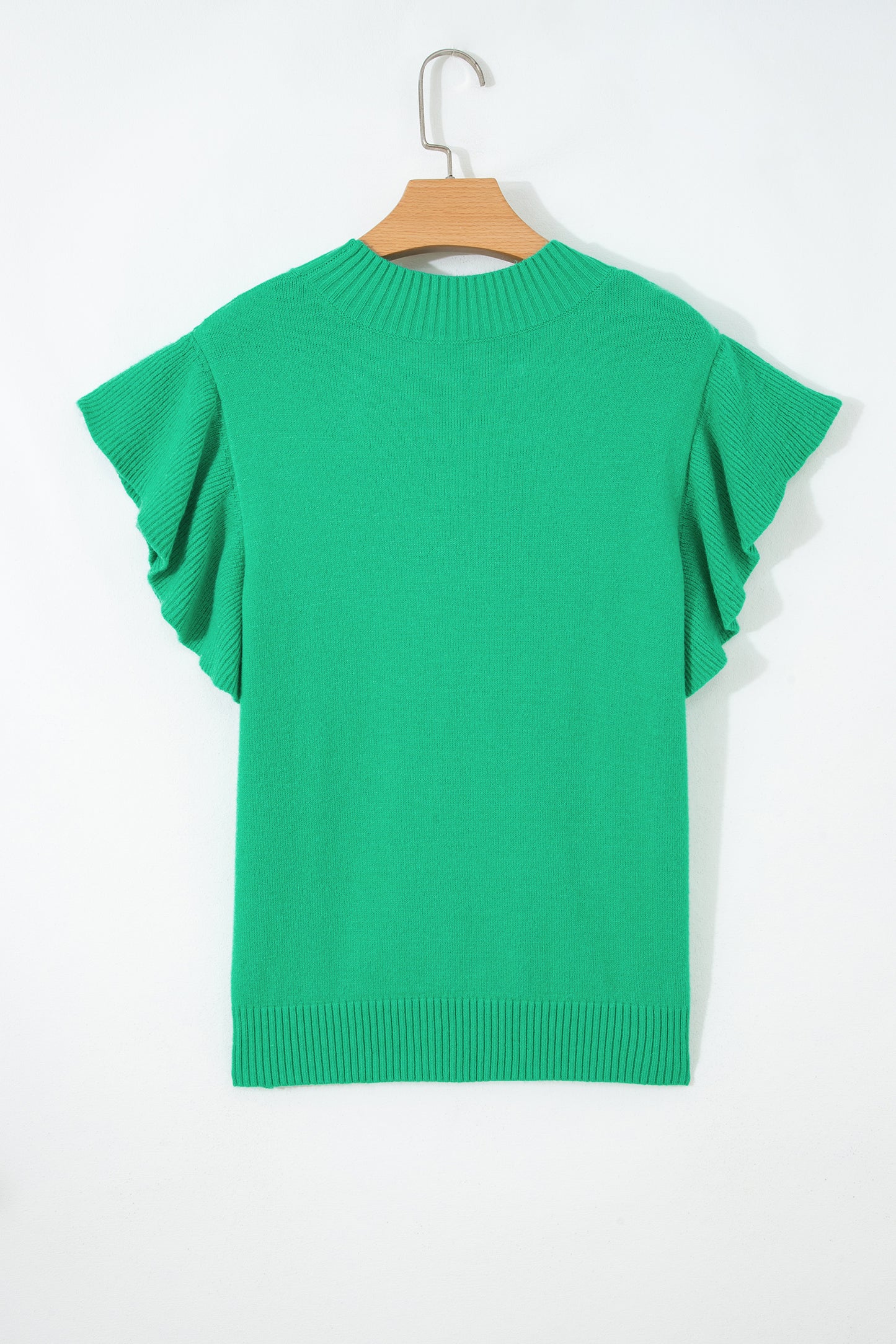 Beau Blue Solid Color Ribbed Trim Round Neck Ruffle Short Sleeve Sweater-TOPS / DRESSES-[Adult]-[Female]-2022 Online Blue Zone Planet