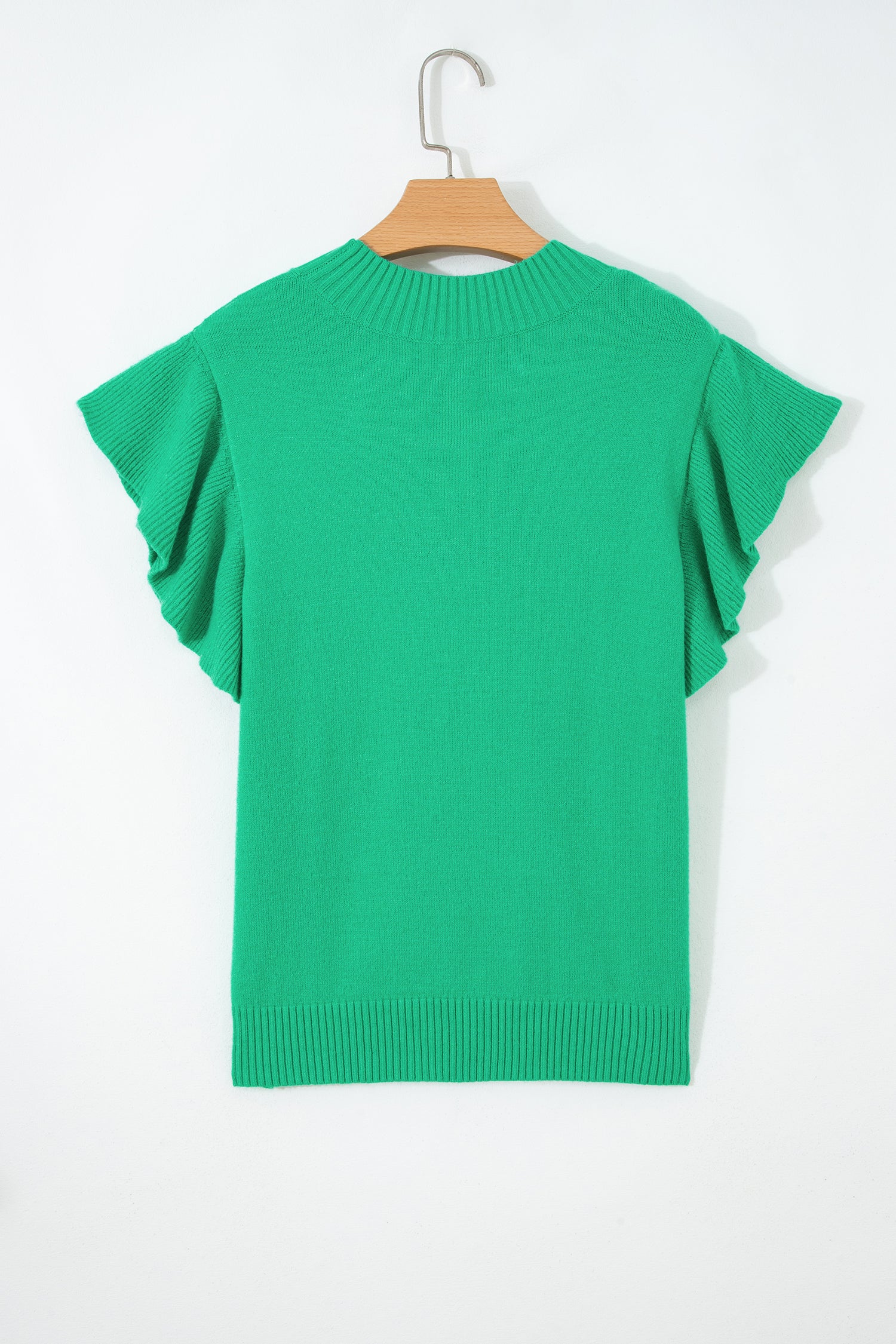 Beau Blue Solid Color Ribbed Trim Round Neck Ruffle Short Sleeve Sweater-TOPS / DRESSES-[Adult]-[Female]-2022 Online Blue Zone Planet