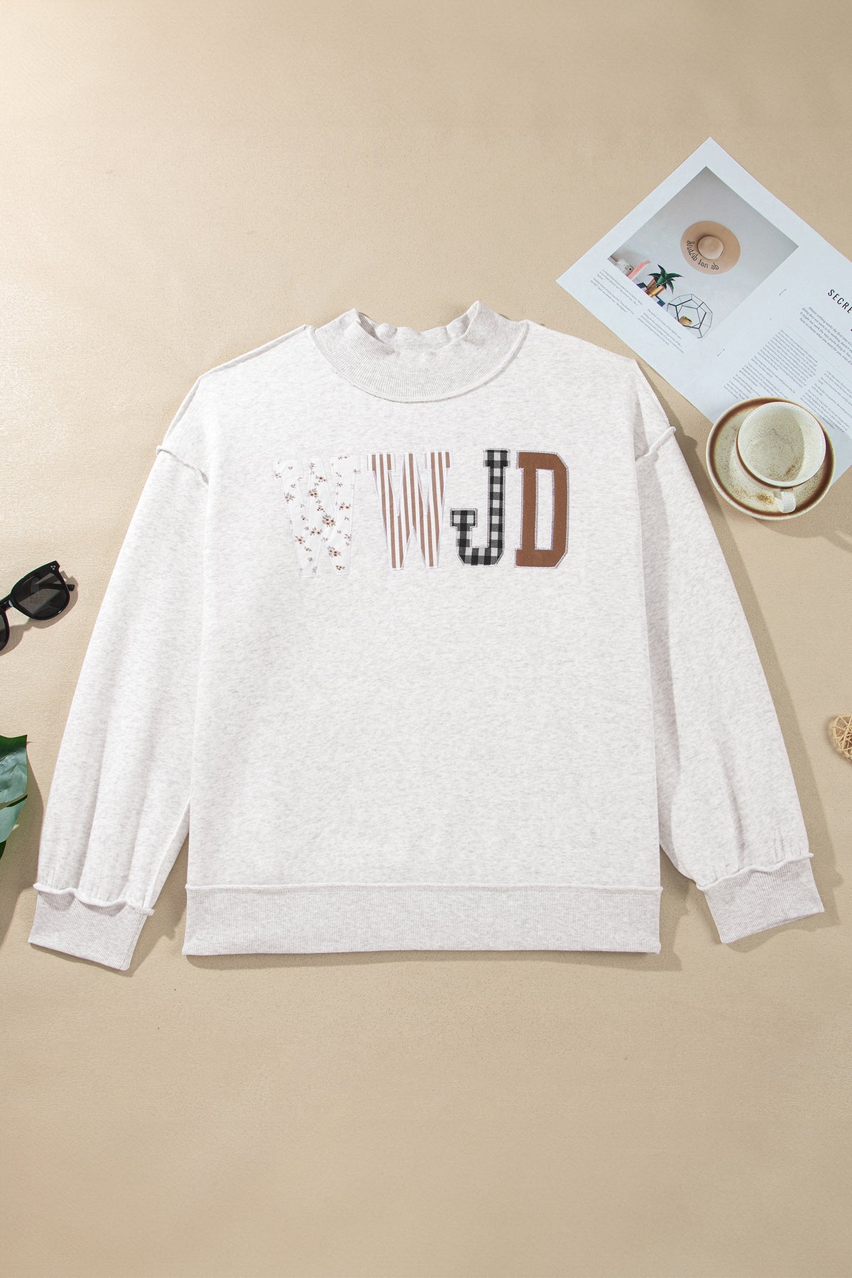 Gray WWJD Mix Pattern Letter Graphic Exposed Seam Loose Plus Size Sweatshirt-Plus Size/Plus Size Sweatshirts & Hoodies-[Adult]-[Female]-2022 Online Blue Zone Planet
