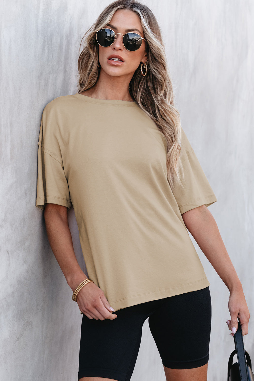 Parchment Raw Seam Patchwork Drop Shoulder Oversize T Shirt-Tops/Tops & Tees-[Adult]-[Female]-Parchment-S-2022 Online Blue Zone Planet