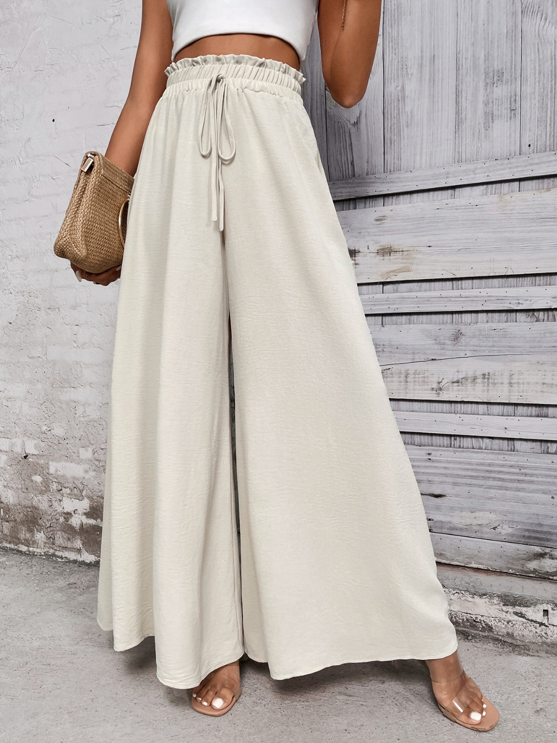 Honey Tied High Waist Wide Leg Pants-BOTTOMS SIZES SMALL MEDIUM LARGE-[Adult]-[Female]-Beige-S-2022 Online Blue Zone Planet