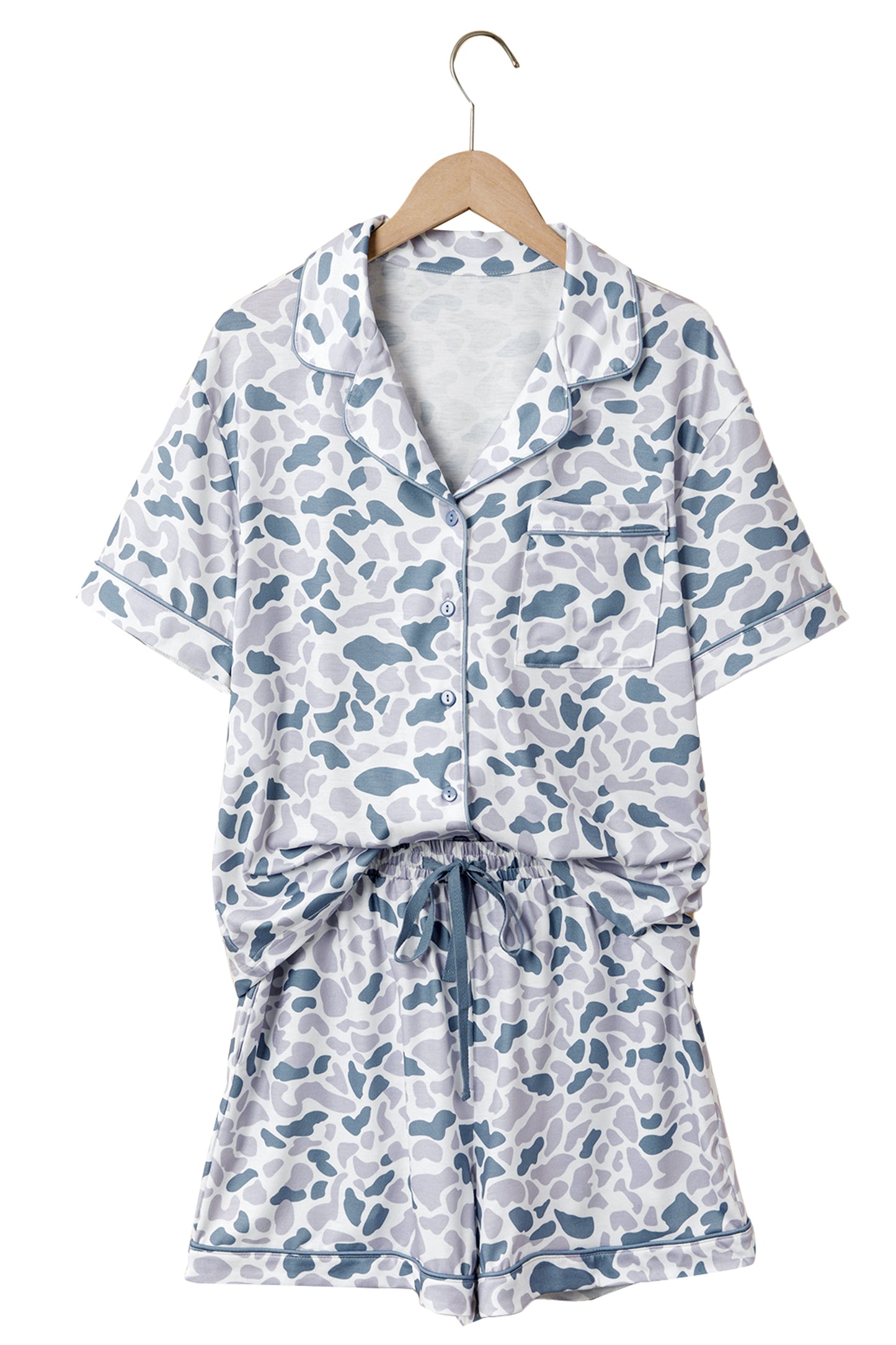 Beige Camouflage Print Lapel Shirt Drawstring 2pcs Short Pajama Set-Loungewear & Sleepwear/Sleepwear-[Adult]-[Female]-2022 Online Blue Zone Planet