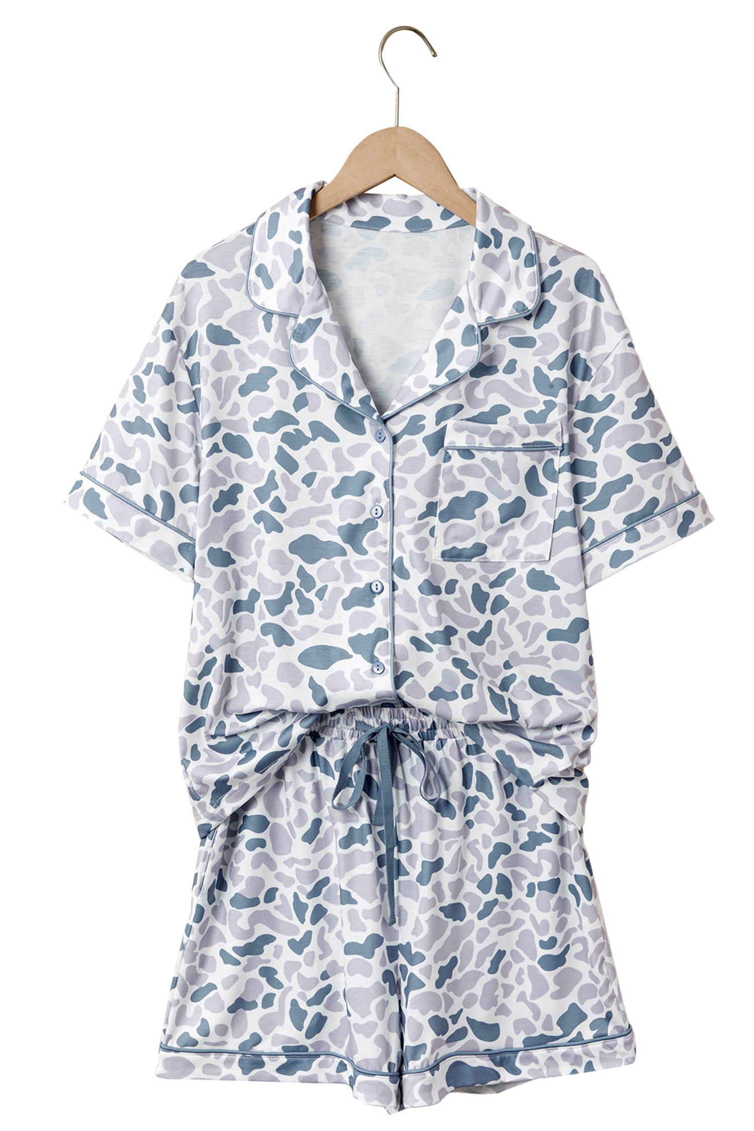 Beige Camouflage Print Lapel Shirt Drawstring 2pcs Short Pajama Set-Loungewear & Sleepwear/Sleepwear-[Adult]-[Female]-2022 Online Blue Zone Planet