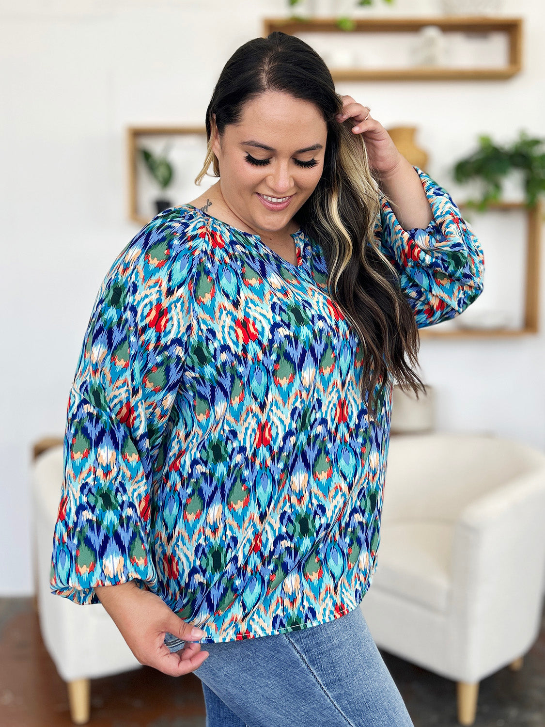 Blue Zone Planet | Double Take Full Size Printed Balloon Sleeve Blouse-TOPS / DRESSES-[Adult]-[Female]-2022 Online Blue Zone Planet