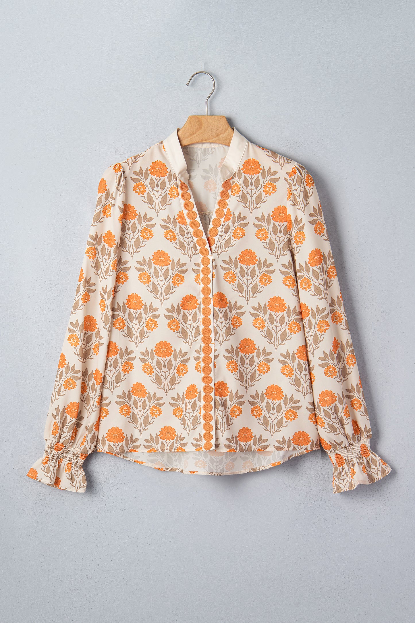 Orange Floral Print Contrast Detail V Neck Long Sleeve Blouse-Tops/Blouses & Shirts-[Adult]-[Female]-2022 Online Blue Zone Planet