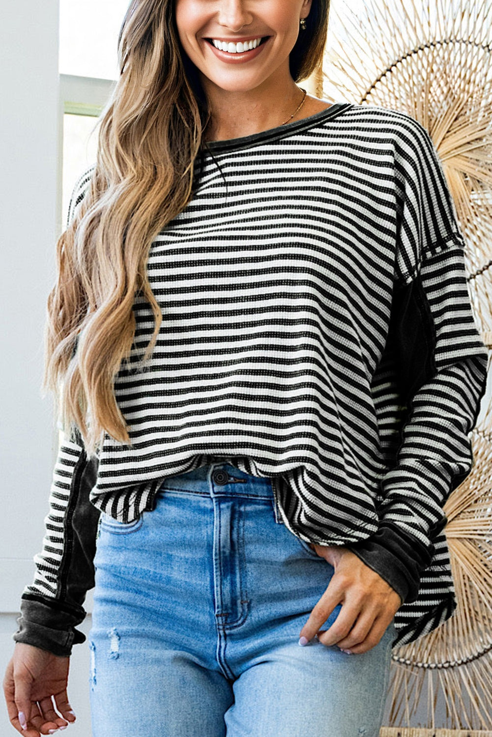 Black Stripe Thermal Knit Drop Shoulder Casual Top-Tops/Long Sleeve Tops-[Adult]-[Female]-Black Stripe-S-2022 Online Blue Zone Planet