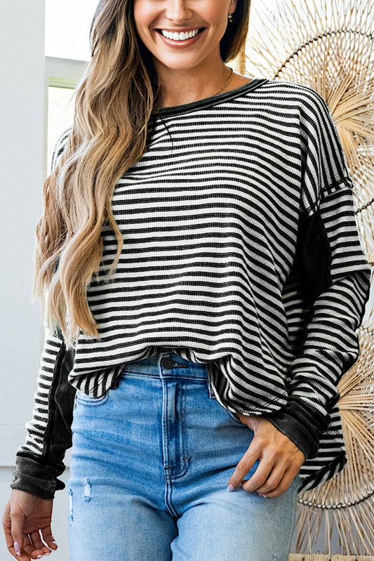Black Stripe Thermal Knit Drop Shoulder Casual Top-Tops/Long Sleeve Tops-[Adult]-[Female]-Black Stripe-S-2022 Online Blue Zone Planet