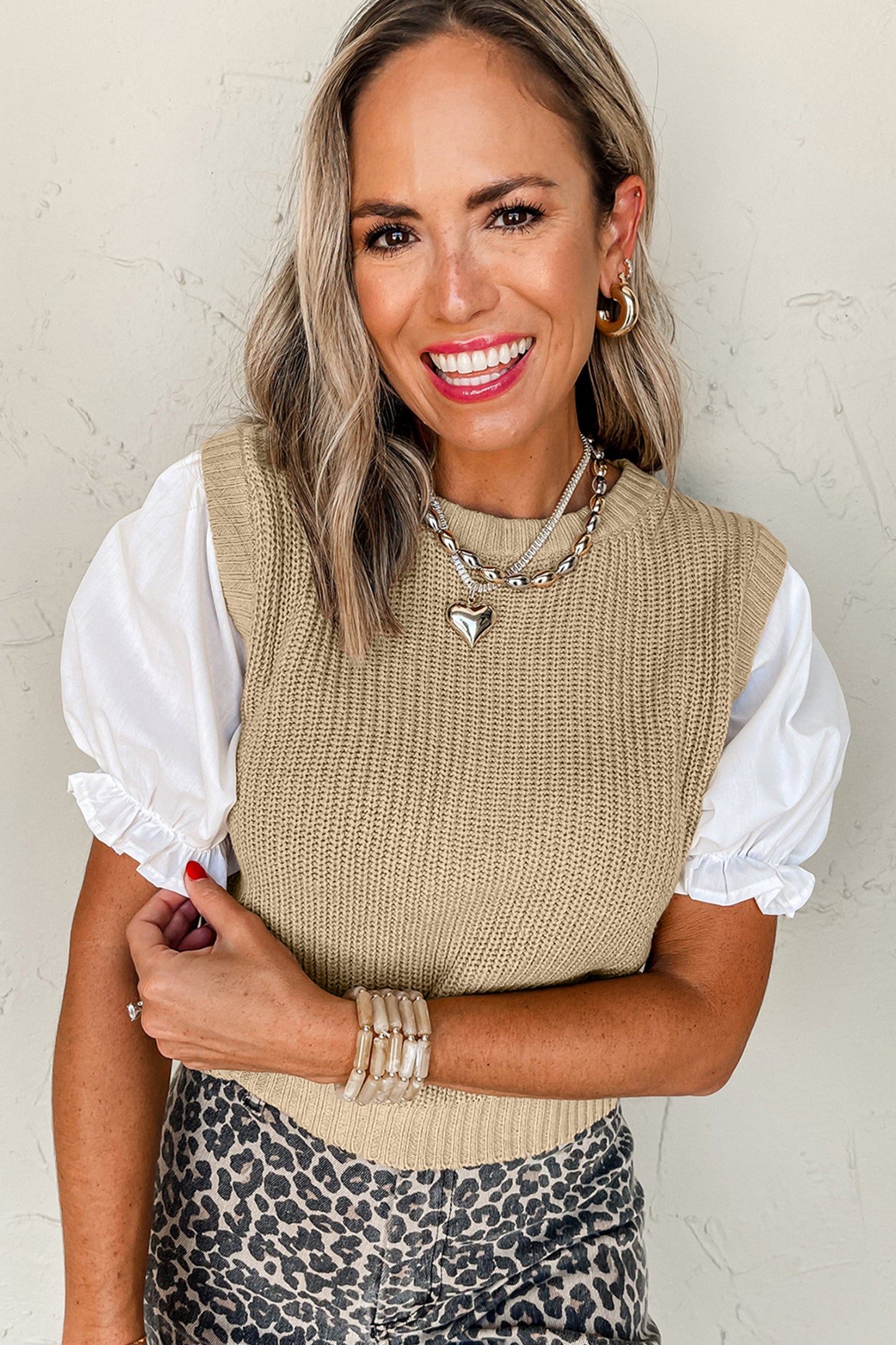 Light French Beige Round Neck Knit Contrast Short Sleeve Patchwork Sweater Top-TOPS / DRESSES-[Adult]-[Female]-2022 Online Blue Zone Planet