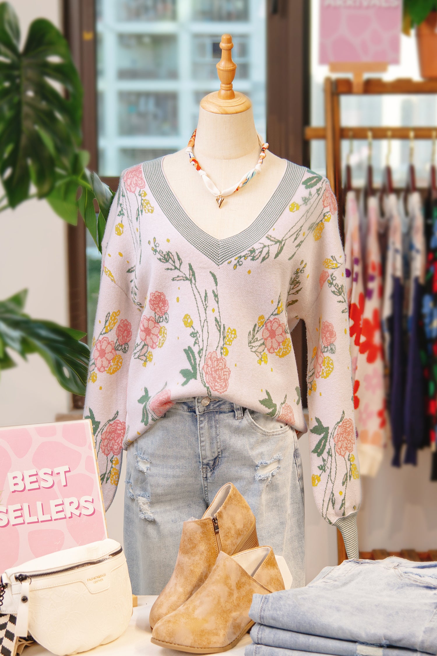 Pink Floral Pattern Striped V Neck Loose Sweater-TOPS / DRESSES-[Adult]-[Female]-2022 Online Blue Zone Planet