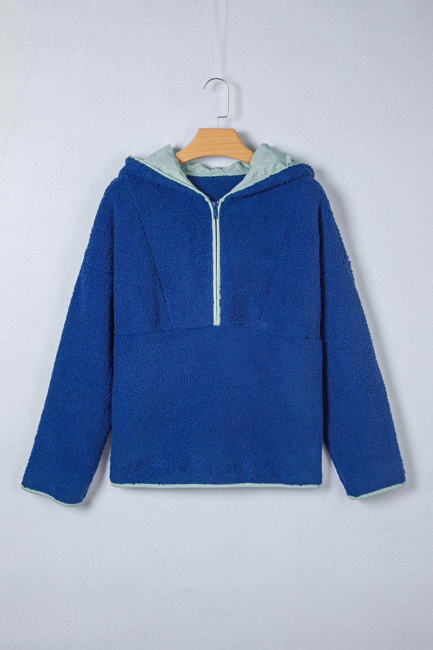 Sky Blue Sherpa Half Zip Contrast Trim Pullover Hoodie-Tops / Dresses-[Adult]-[Female]-2022 Online Blue Zone Planet