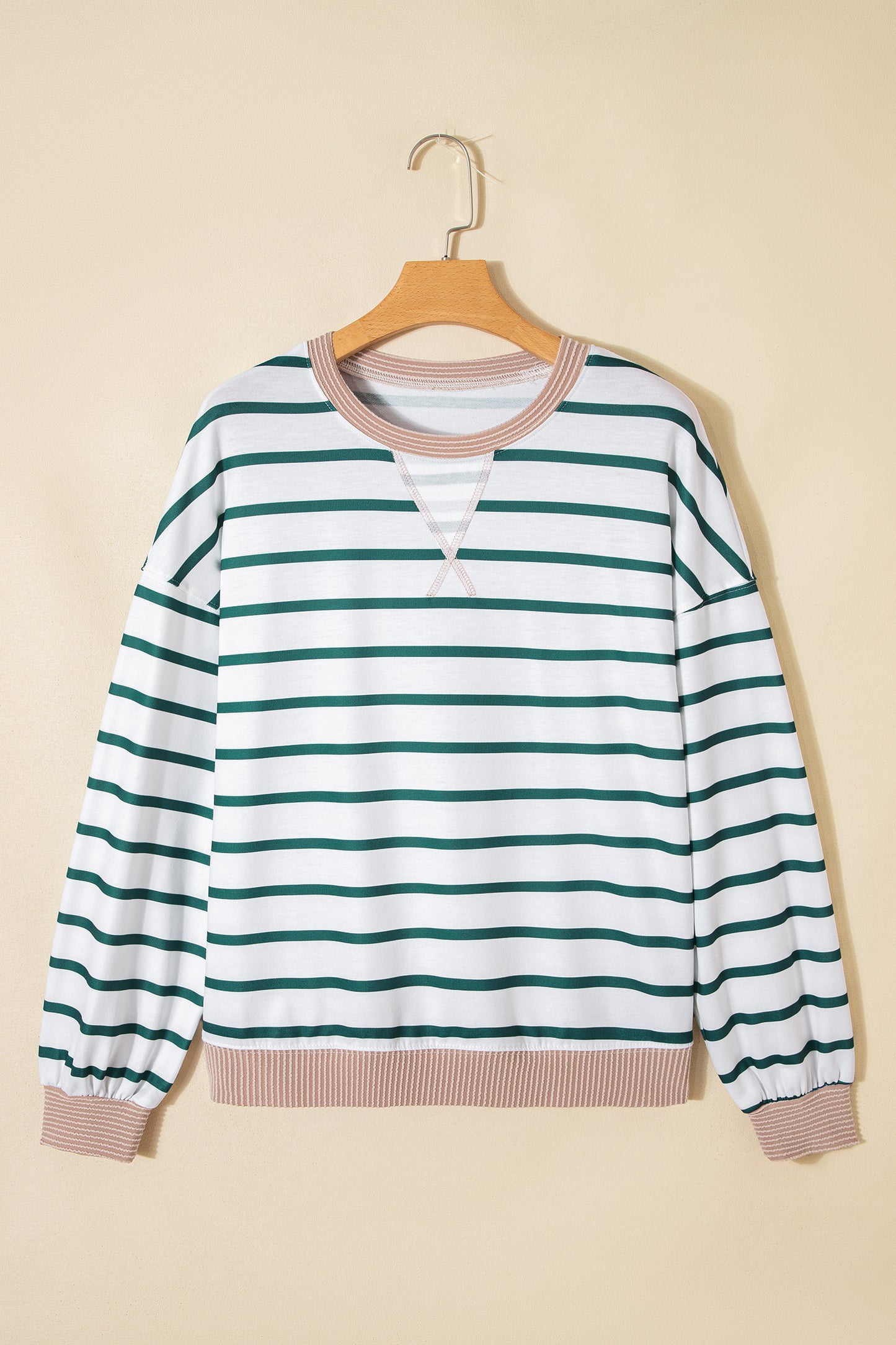 White Stripe Twisted Ribbed Patchwork Drop Shoulder Round Neck Sweatshirt-Tops/Sweatshirts & Hoodies-[Adult]-[Female]-2022 Online Blue Zone Planet