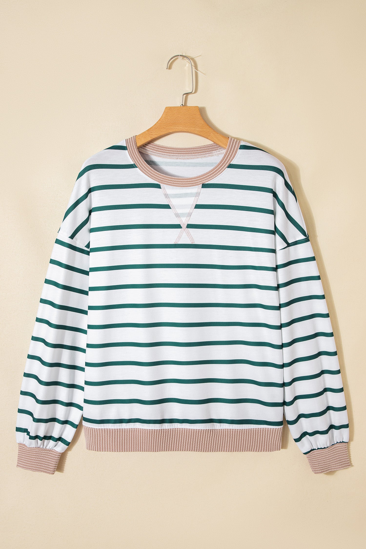 White Stripe Twisted Ribbed Patchwork Drop Shoulder Round Neck Sweatshirt-Tops/Sweatshirts & Hoodies-[Adult]-[Female]-2022 Online Blue Zone Planet