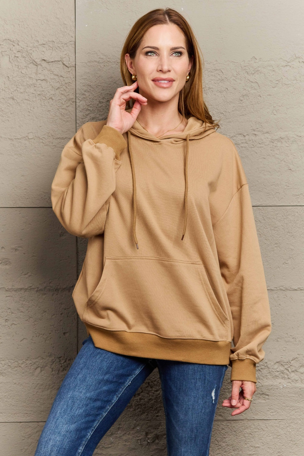 Full Size Long Sleeve Dropped Shoulder Hoodie-TOPS / DRESSES-[Adult]-[Female]-Camel-S-2022 Online Blue Zone Planet