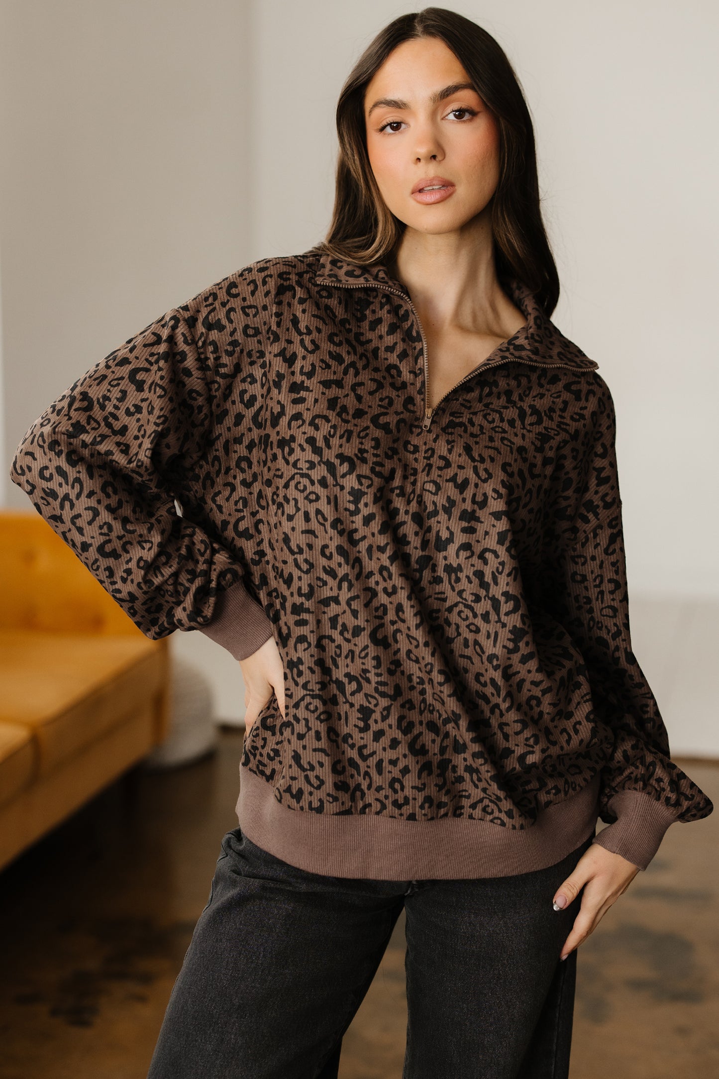 Brown Leopard Print Quarter Zip Corduroy Sweatshirt-Tops/Sweatshirts & Hoodies-[Adult]-[Female]-2022 Online Blue Zone Planet