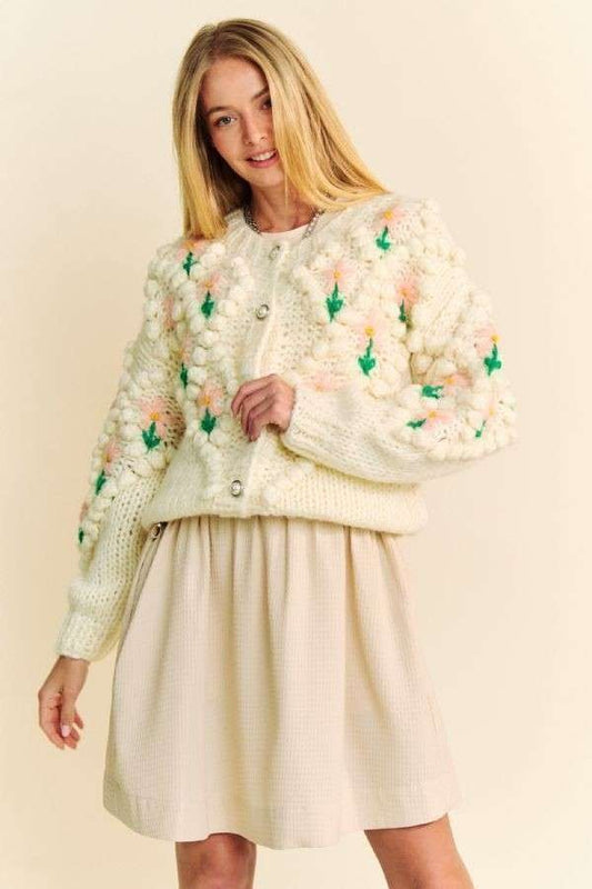 Davi & Dani Floral Pattern Button Down Cardigan-TOPS / DRESSES-[Adult]-[Female]-Cream-S/M-2022 Online Blue Zone Planet