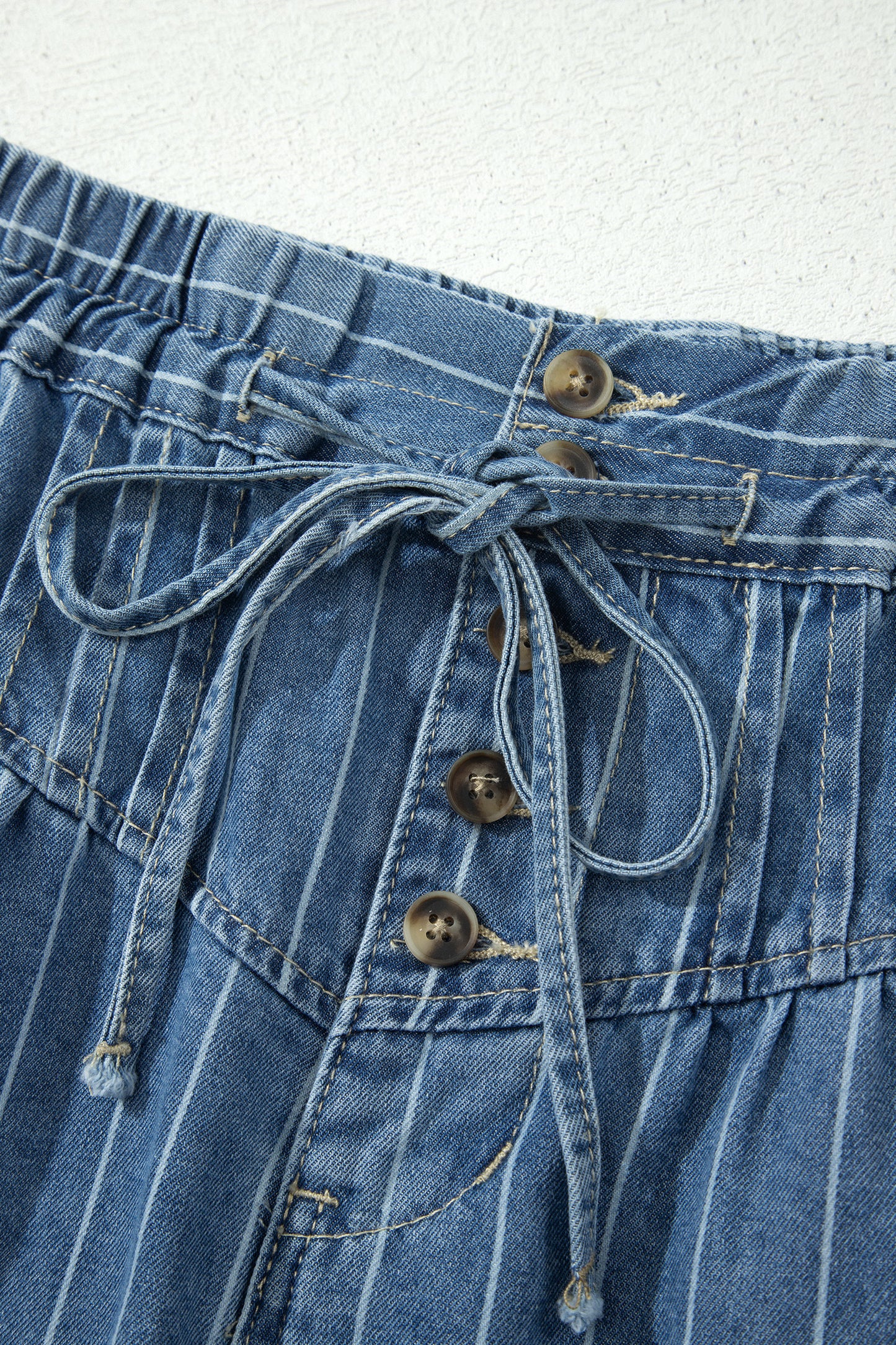 Sky Blue Stripe Button Pintuck High Waist Drawstring Denim Midi Skirt-Bottoms/Skirts & Petticoat-[Adult]-[Female]-2022 Online Blue Zone Planet