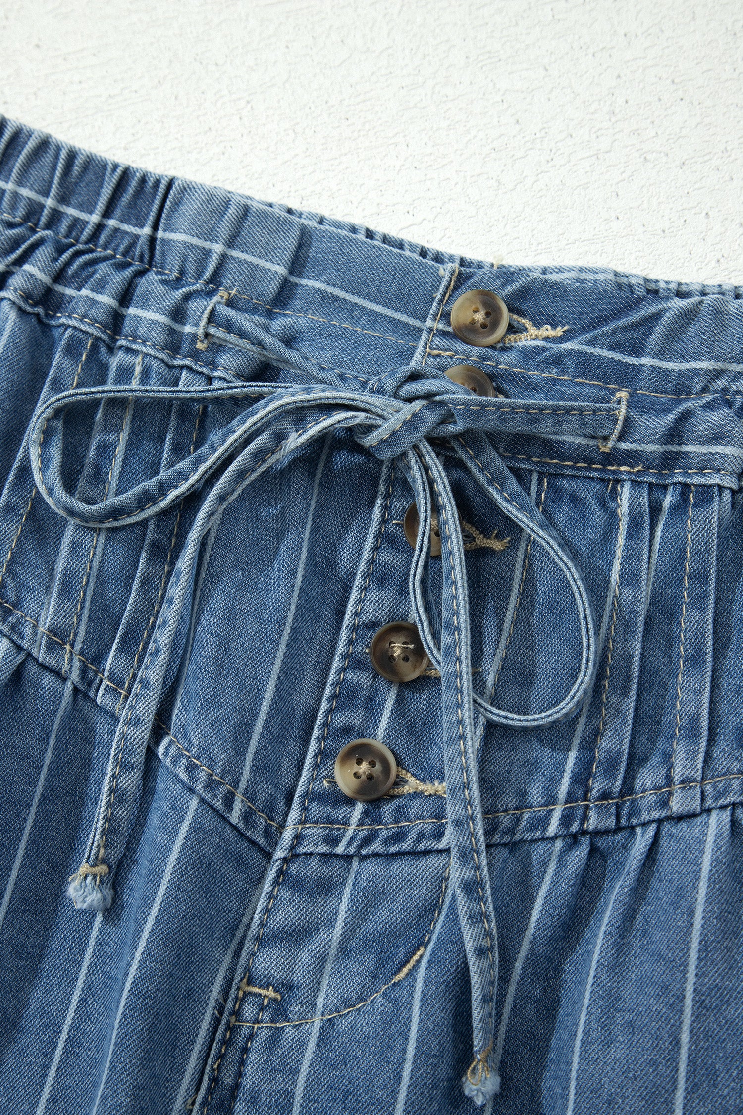 Sky Blue Stripe Button Pintuck High Waist Drawstring Denim Midi Skirt-Bottoms/Skirts & Petticoat-[Adult]-[Female]-2022 Online Blue Zone Planet