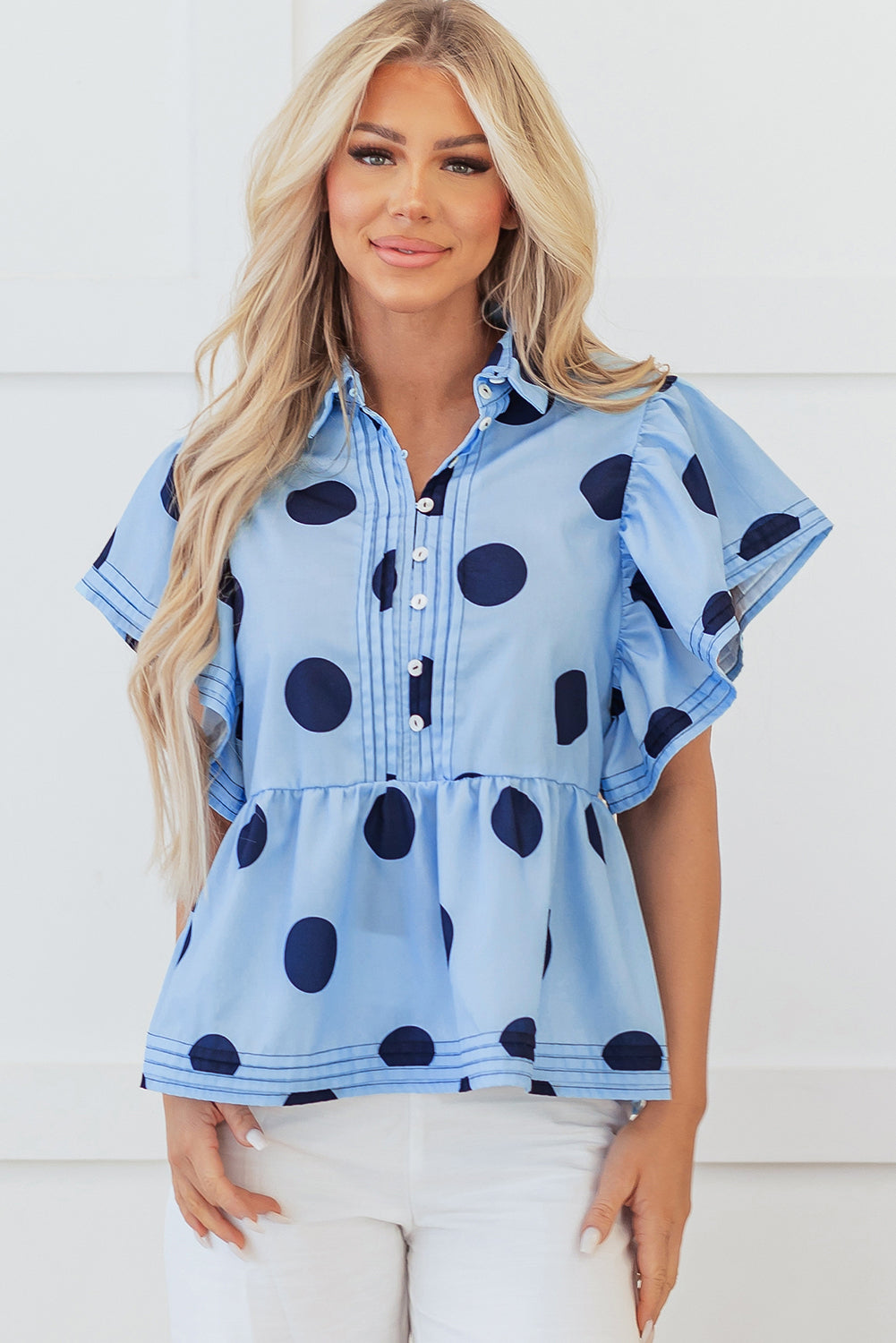 Sky Blue Polka Dot Print Ruffled Short Sleeve Buttoned Collared Blouse-Tops/Blouses & Shirts-[Adult]-[Female]-Sky Blue-S-2022 Online Blue Zone Planet