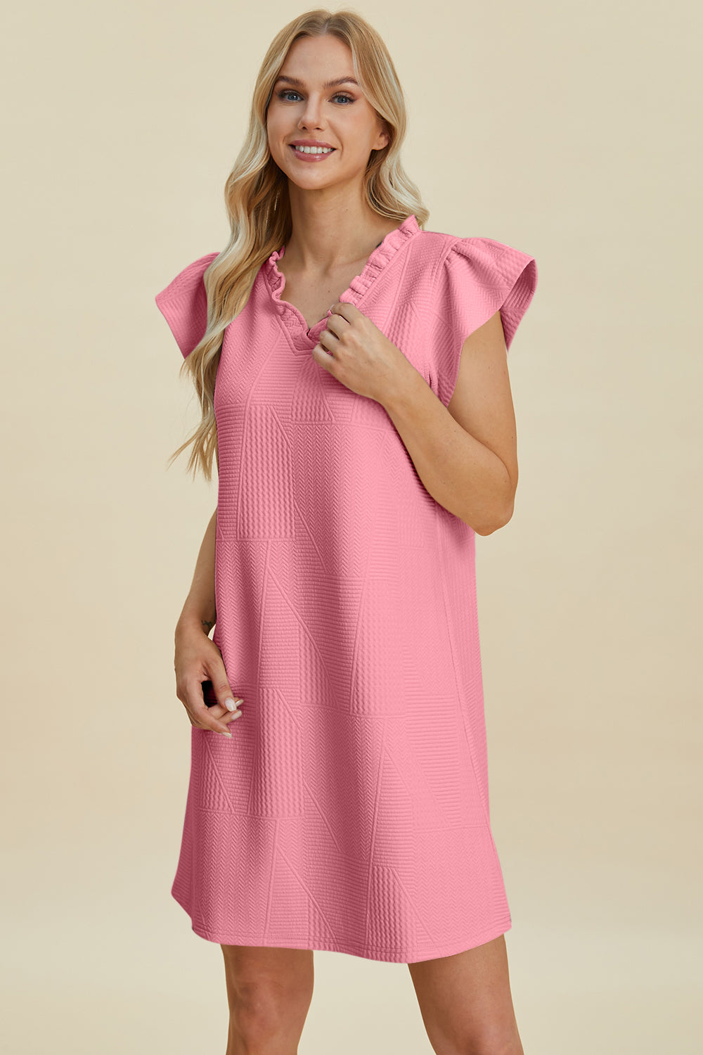 Double Take Full Size Ruffled V-Neck Cap Sleeve Dress-TOPS / DRESSES-[Adult]-[Female]-Blush Pink-S-2022 Online Blue Zone Planet