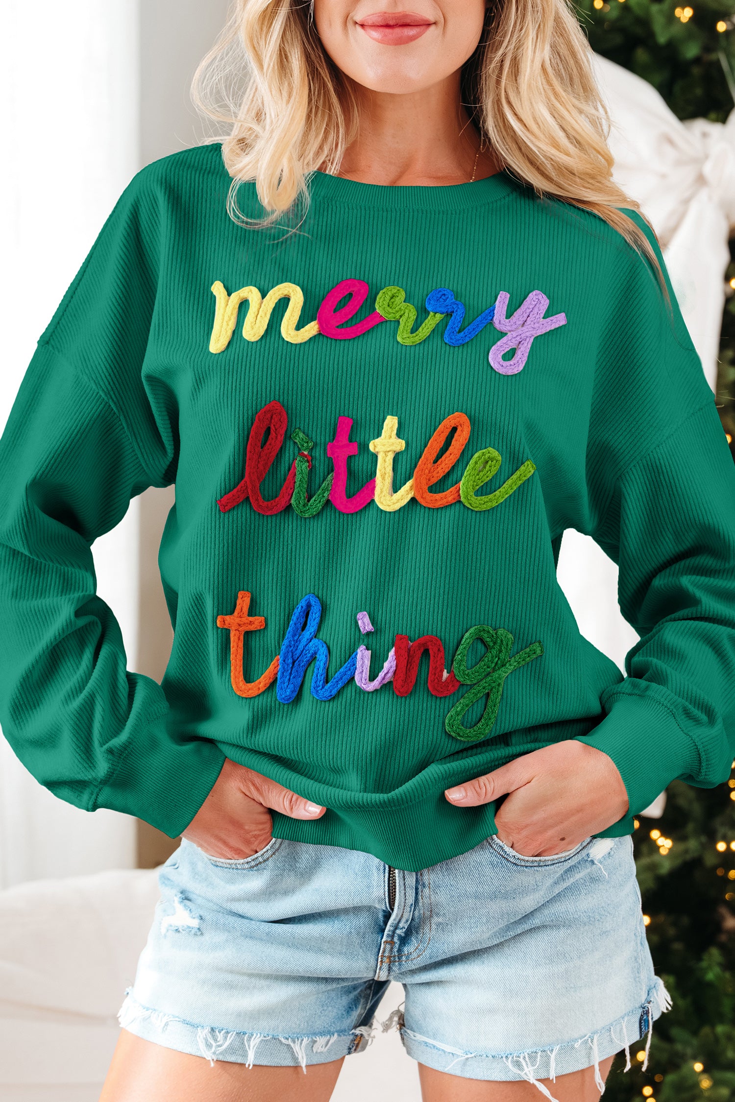 Dark Green Merry Little Thing Corded Letter Graphic Ribbed Loose Sweatshirt-Tops/Sweatshirts & Hoodies-[Adult]-[Female]-2022 Online Blue Zone Planet