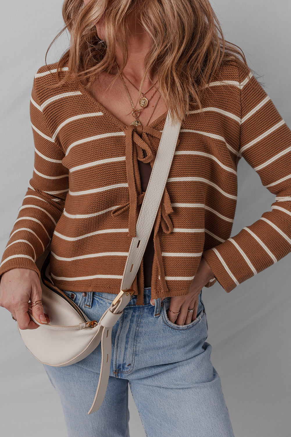 Chestnut Tie Front Striped Knit V Neck Cardigan Sweater-Sweaters & Cardigans/Cardigans-[Adult]-[Female]-2022 Online Blue Zone Planet
