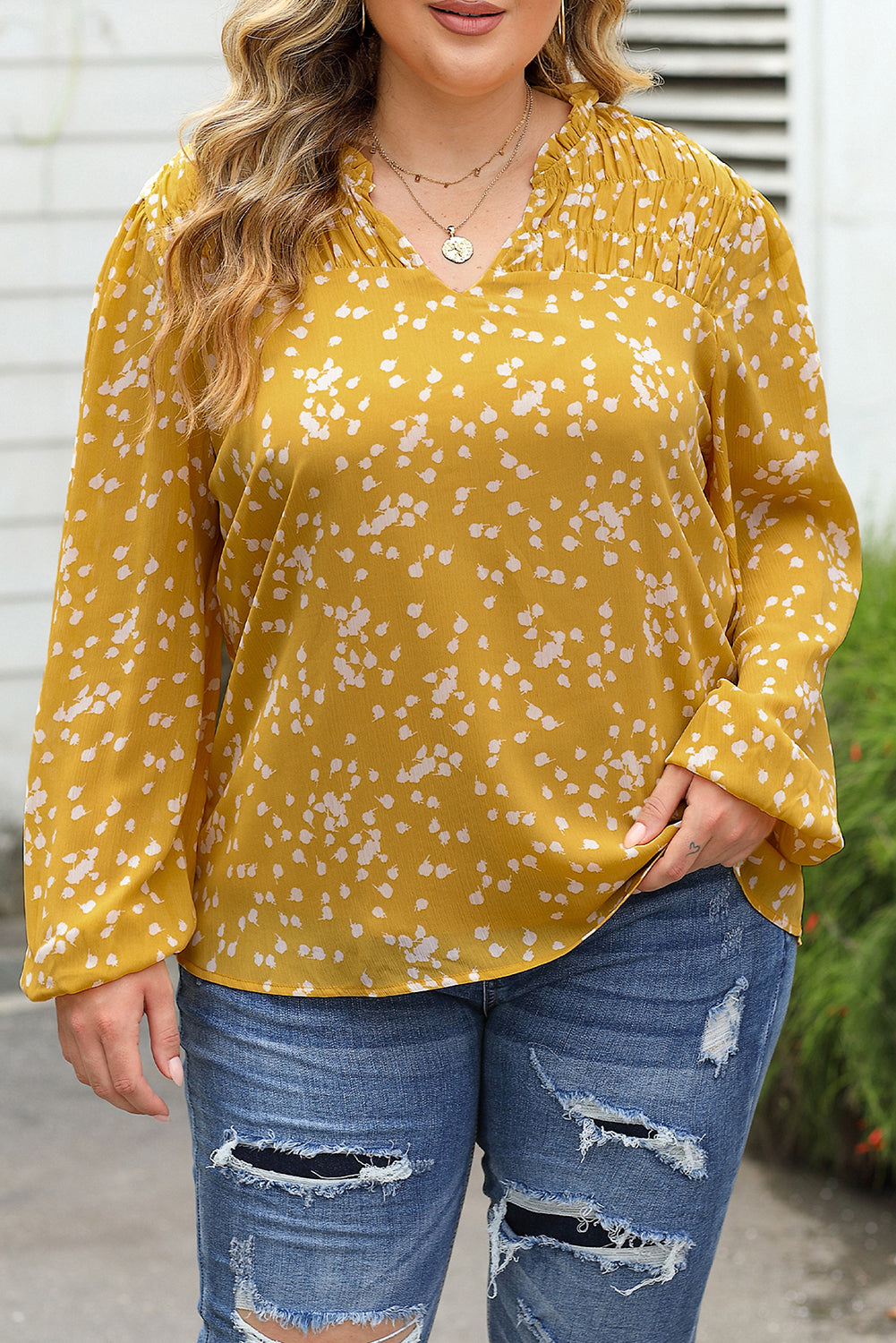 Yellow Plus Size Floral Print Ruched Split Neck Blouse-Sale (50% OFF)/30% OFF-[Adult]-[Female]-2022 Online Blue Zone Planet