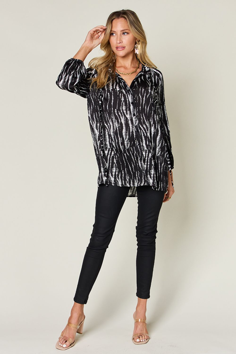 Double Take Full Size Printed Button Up Long Sleeve Shirt-TOPS / DRESSES-[Adult]-[Female]-2022 Online Blue Zone Planet