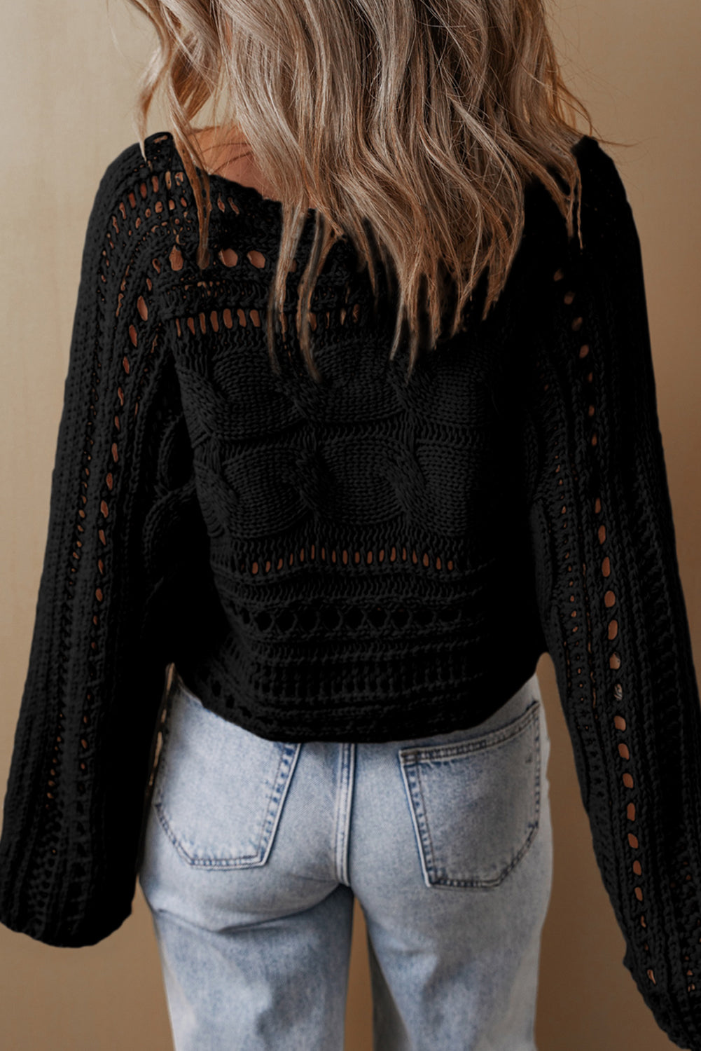 Black Hollow-out Cable Knit Cropped Sweater-TOPS / DRESSES-[Adult]-[Female]-2022 Online Blue Zone Planet