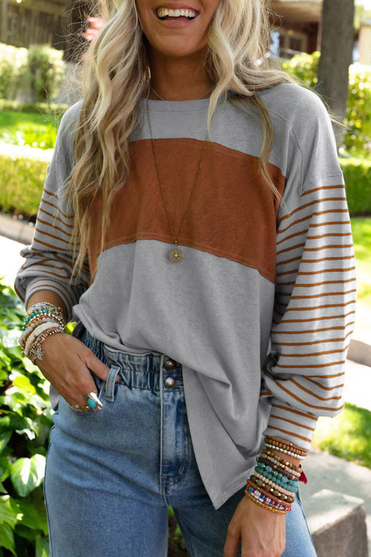 Gray Colorblock Striped Bishop Sleeve Top-Tops/Long Sleeve Tops-[Adult]-[Female]-Gray-S-2022 Online Blue Zone Planet