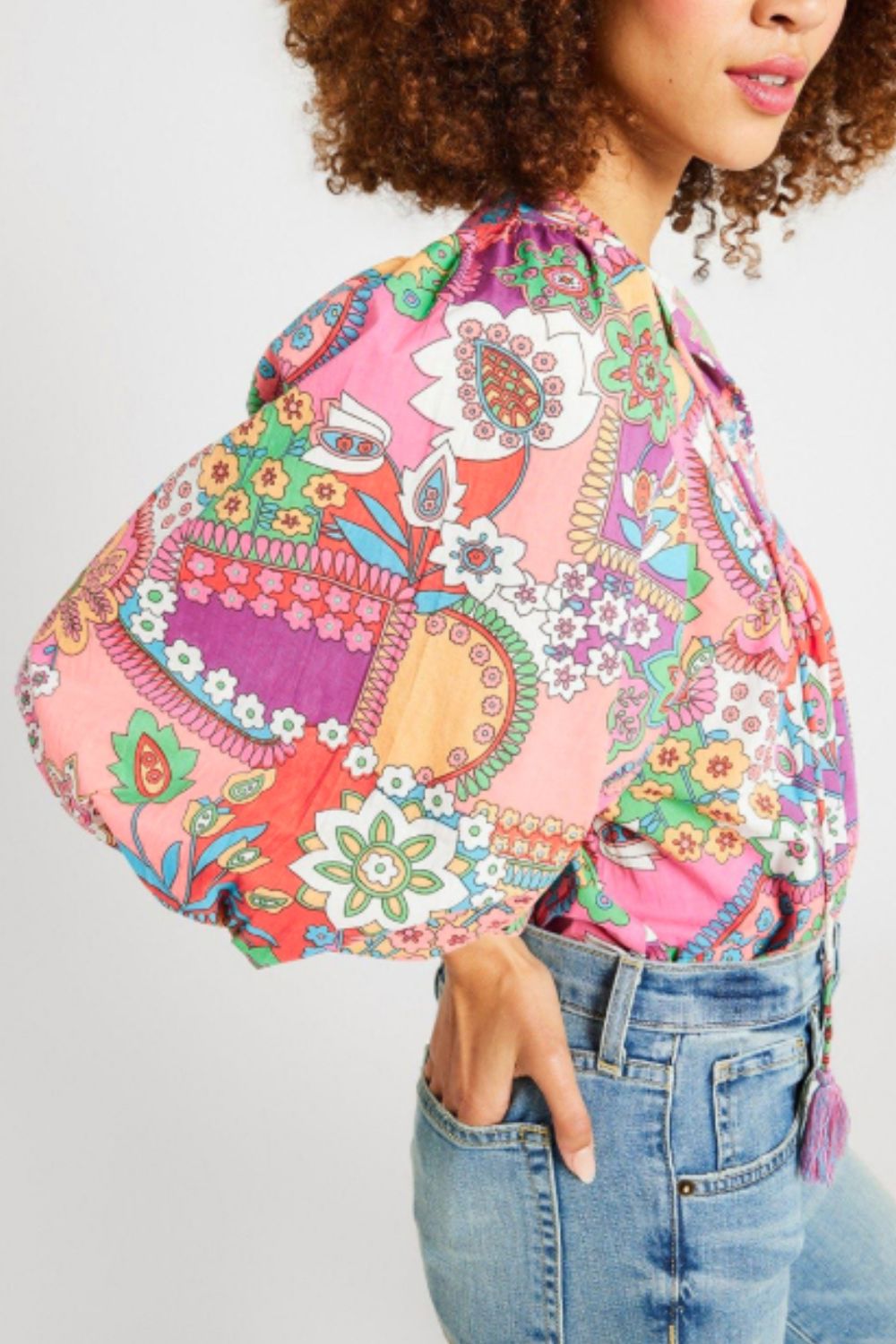 Printed Tie Neck Three-Quarter Sleeve Blouse-TOPS / DRESSES-[Adult]-[Female]-2022 Online Blue Zone Planet