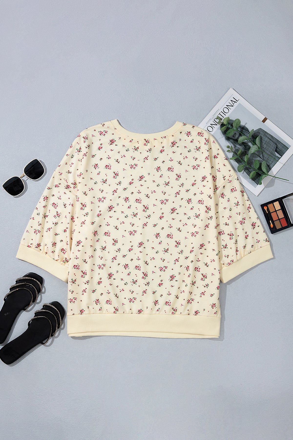 Beige Floral Print Colorblock Cuffs Hem Plus Size Blouse-Plus Size/Plus Size Tops/Plus Size Blouses & Shirts-[Adult]-[Female]-2022 Online Blue Zone Planet