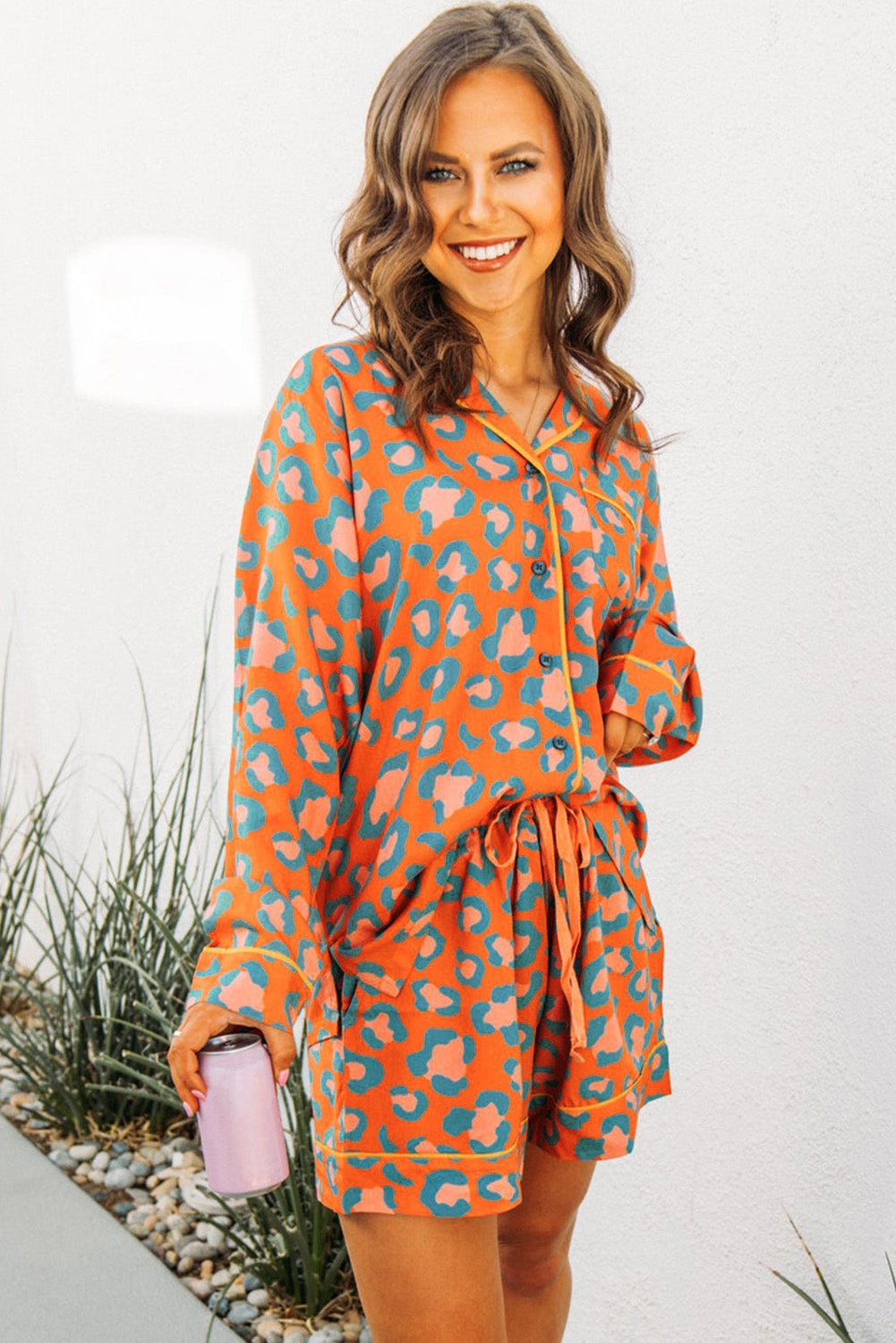 Orange Leopard Print Long Sleeve Shirt and Shorts Pajama Set-Loungewear & Sleepwear/Sleepwear-[Adult]-[Female]-2022 Online Blue Zone Planet