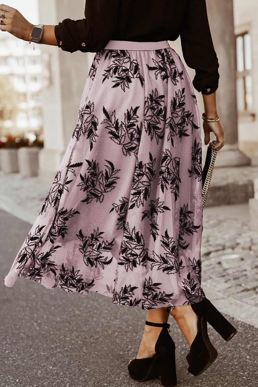 Blue Zone Planet | Peach Blossom Floral Leaves Embroidered High Waist Maxi Skirt-Bottoms/Skirts & Petticoat-[Adult]-[Female]-2022 Online Blue Zone Planet